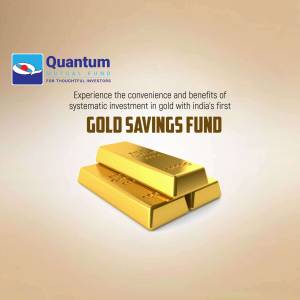 Quantum Mutual Fund Gold Savings Fund advertisement featuring a gold bar.