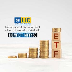 LIC MF ETF-NIFTY 50 investment advertisement with stacked coins and building blocks.