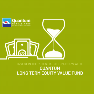 Hourglass with money representing long-term investment with Quantum Mutual Fund.