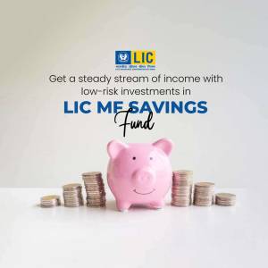 Pink piggy bank with coins and LIC logo promoting low-risk investments.