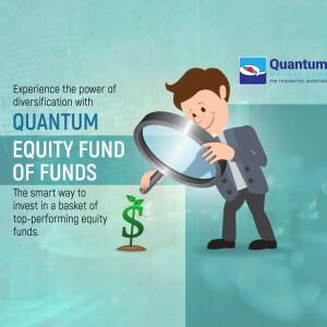 Illustration of a man with a magnifying glass examining a plant growing a dollar sign, representing Quantum Equity Fund.