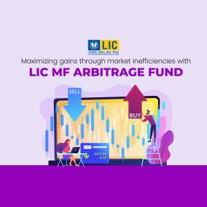 Illustration of a laptop displaying market graphs with a person climbing a ladder to reach gains, promoting LIC MF Arbitrage Fund.