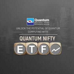 Quantum Mutual Fund Nifty ETF advertisement with ETF blocks