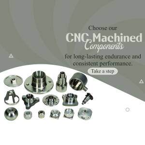 Image showcasing a variety of CNC machined components with text promoting their durability and performance.