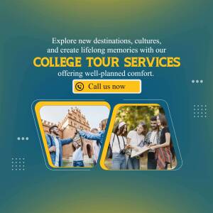 Advertisement for college tour services featuring students exploring destinations.