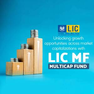 Image depicting financial growth with stacked blocks and an upward arrow, promoting LIC MF Multicap Fund.