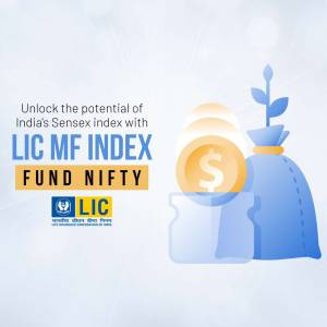 LIC MF Index Fund Nifty investment illustration with coins and a money bag.