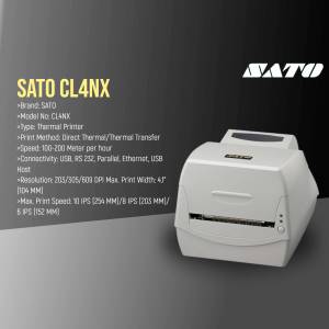 SATO CL4NX white thermal label printer on a gray background