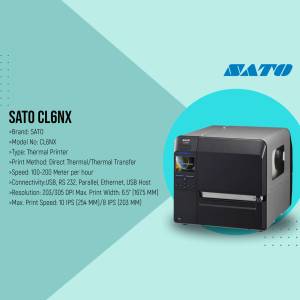 SATO CL6NX industrial thermal printer on a teal background with specifications.