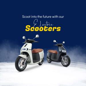 Two electric scooters, one white and one black, against a blurred blue background with smoke effect.