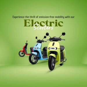 Three electric scooters in red, blue, and yellow against a green gradient background.