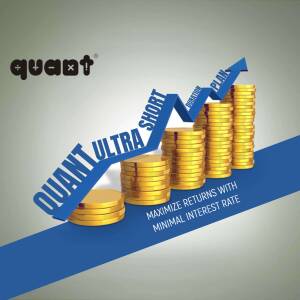 Image depicting a stack of gold coins with an upward trending arrow representing investment growth for Quant Ultra Short Plan.