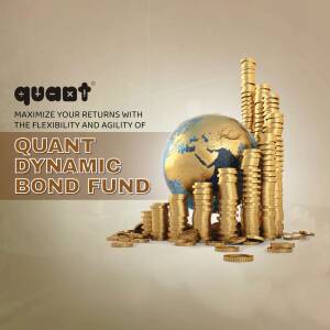 Image depicting a globe supported by stacks of gold coins, promoting Quant Dynamic Bond Fund.