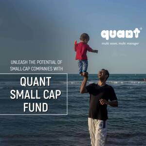 Father lifting son on his shoulders at the beach with Quant Small Cap Fund branding