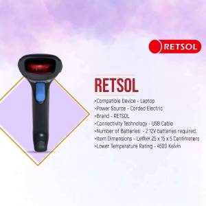 Black and blue Retsol barcode scanner on a light purple and white background