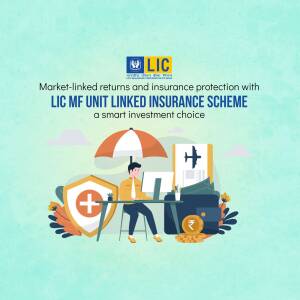 Illustration promoting LIC MF Unit Linked Insurance Scheme with an umbrella, shield, and person working on a laptop.