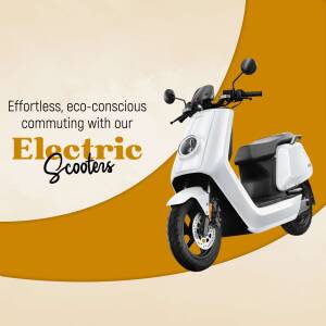 White electric scooter against an orange and beige background with text promoting eco-conscious commuting.
