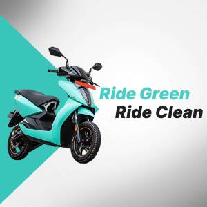 Ather 450X electric scooter against a teal and white background with text 'Ride Green Ride Clean'