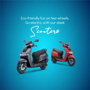 Two electric scooters, one grey and one red, against a blue gradient background.