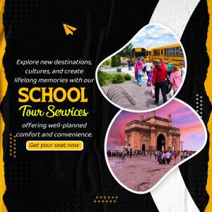 Promotional image for school tour services featuring travel destinations.
