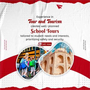 Advertisement for school tours and tourism services with images of students and the Taj Mahal.