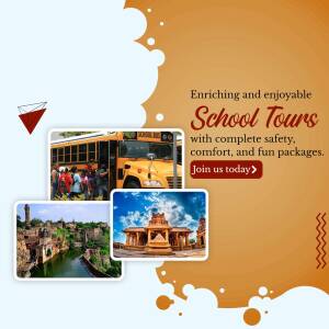 Promotional image for school tours with images of a school bus, fort, and temple.
