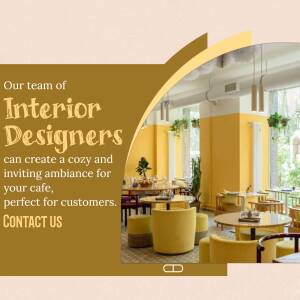 Cafe interior design advertisement with text overlay