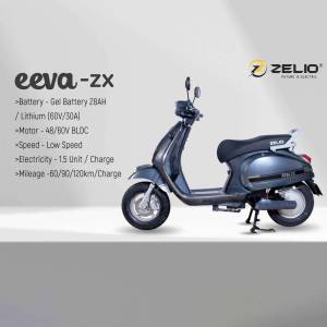 Side view of a grey Zelio Eeva-ZX electric scooter with specifications listed.