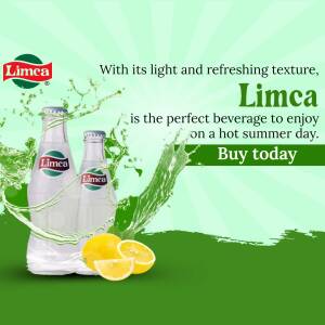 Two bottles of Limca with lemon slices and splash, advertising a refreshing summer beverage.