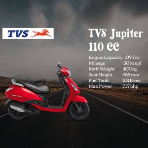 Red TVS Jupiter 110cc scooter parked on a road with mountains in the background