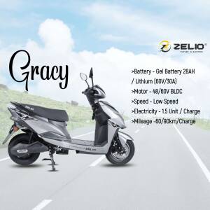 Side view of a grey Zelio Gracy electric scooter on a road with a blurred background.