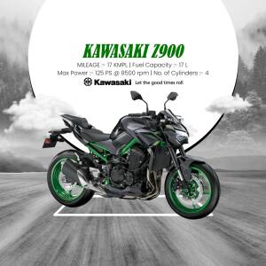 Side view of a green and black Kawasaki Z900 motorcycle on a road with a mountain background.