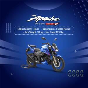 Blue TVS Apache RTR 160 4V motorcycle with specifications