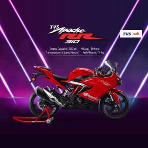 Red TVS Apache RR 310 motorcycle with specifications