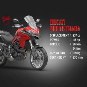 Red Ducati Multistrada motorcycle with specifications