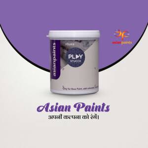 Asian Paints Royale Play Stucco paint container on a white and purple background