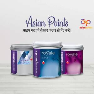Three Asian Paints Royale paint cans in different shades