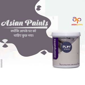 Asian Paints Royale Play Stucco paint can with branding and design elements.