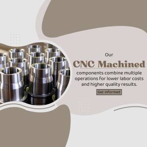 Close-up of CNC machined metal parts with text overlay promoting CNC machining services.