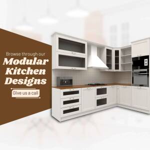 A modern white modular kitchen with brown accents and stainless steel appliances.