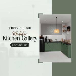 Modern green modular kitchen design with white walls and a pendant light.