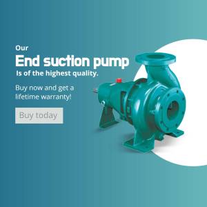 Green end suction pump with a white background and text promoting a lifetime warranty.