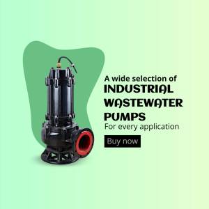 Black industrial wastewater pump with red accents on a green background.