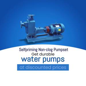 Blue self-priming non-clog pumpset with text advertising durable water pumps at discounted prices.