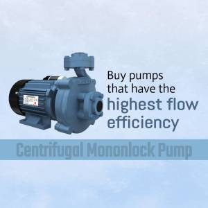 Blue Centrifugal Monoblock Pump with text overlay promoting high flow efficiency.