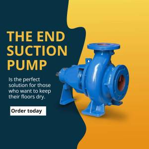 Blue end suction pump on a two-tone yellow and navy background with text promoting it as a floor drying solution.