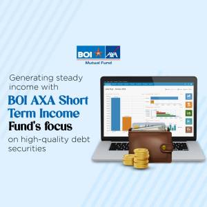 Image promoting BOI AXA Short Term Income Fund with a laptop, wallet, and coins.