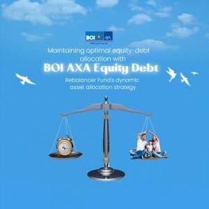 Image depicting a balance scale representing equity-debt allocation with a clock and a family on either side.