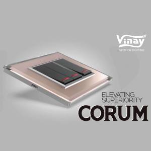 Close-up of a Vinay Corum electrical switch with two switches and a metallic finish.