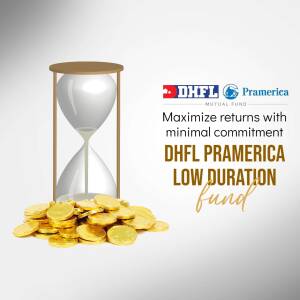 Hourglass with gold coins and DHFL Pramerica logo promoting low duration fund.